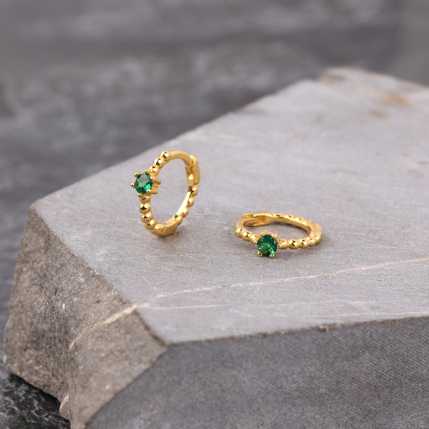 6 Prongs CZ Beaded Huggie Hoop Earrings