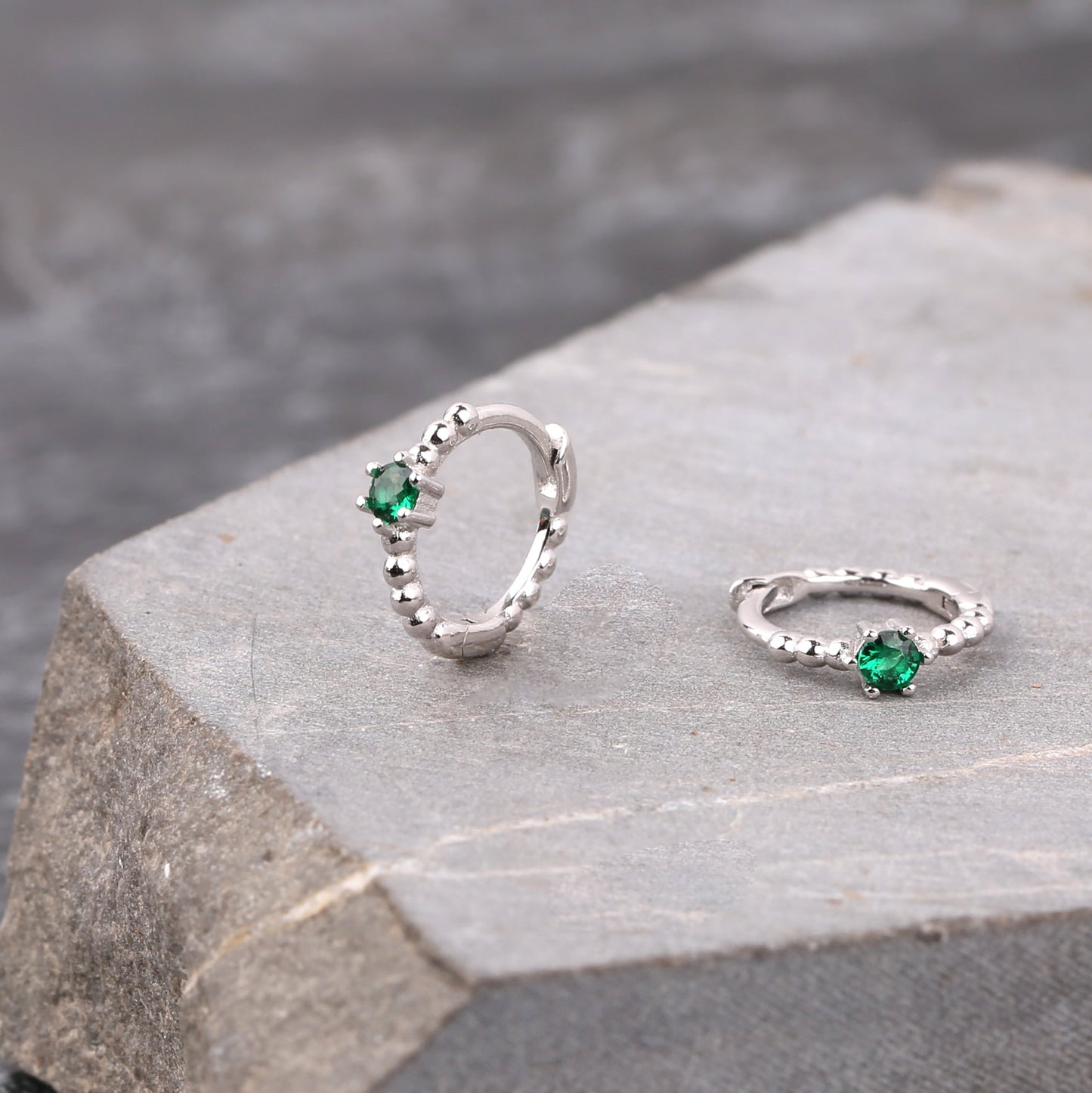 6 Prongs CZ Beaded Huggie Hoop Earrings