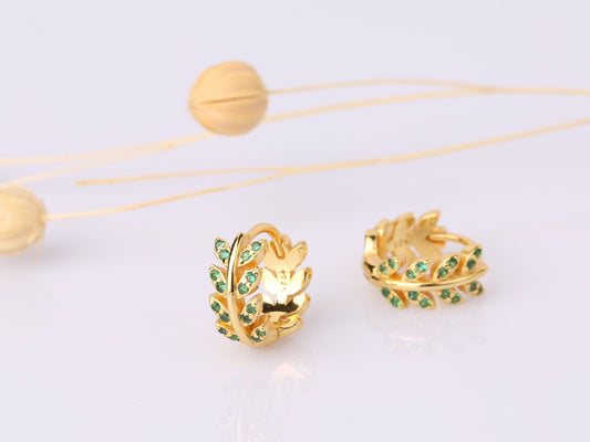 Emerald Olive Leaf Huggie Hoop Earrings