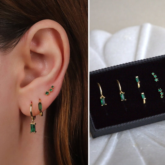 Emerald Charm Huggie Hoop Earrings Gift Set